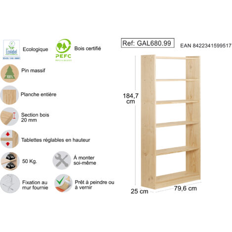 Étagère d'angle modulable en pin massif – 6 tablettes spacieuses – Dimensions 79,6 x 25 x 184,7 cm – Montage rapide sans outils – Astigarraga