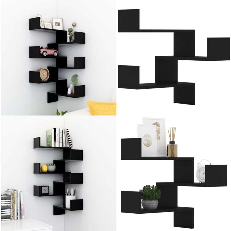 Tagères d'angle murales 2 pcs noir 40x40x50 cm bois ingénierie - Etagere Murale - Etagere D'angle - Rangement Mural - Decoration Murale - Meuble