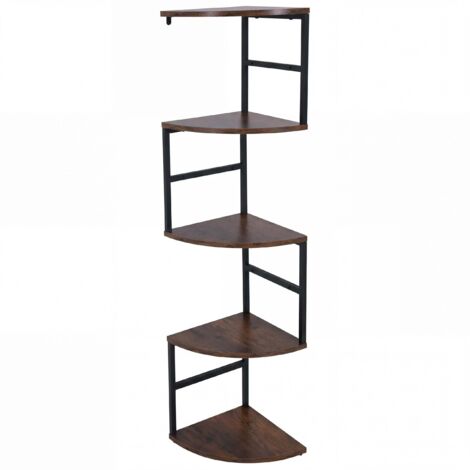 Étagère d’angle murale 5 niveaux style industriel 128 x 30 x 30 cm métal noir et MDF mélaminé brun foncé 040008745