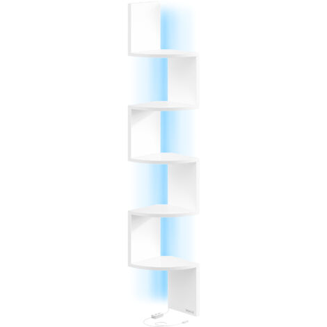 Étagère d’Angle Murale avec Éclairage LED, Bibliothèque Murale à 5 Niveaux, Étagère Flottante, pour Chambre, Salon, Salle de Bain, avec Bouton, Télécommande, Blanc Mat