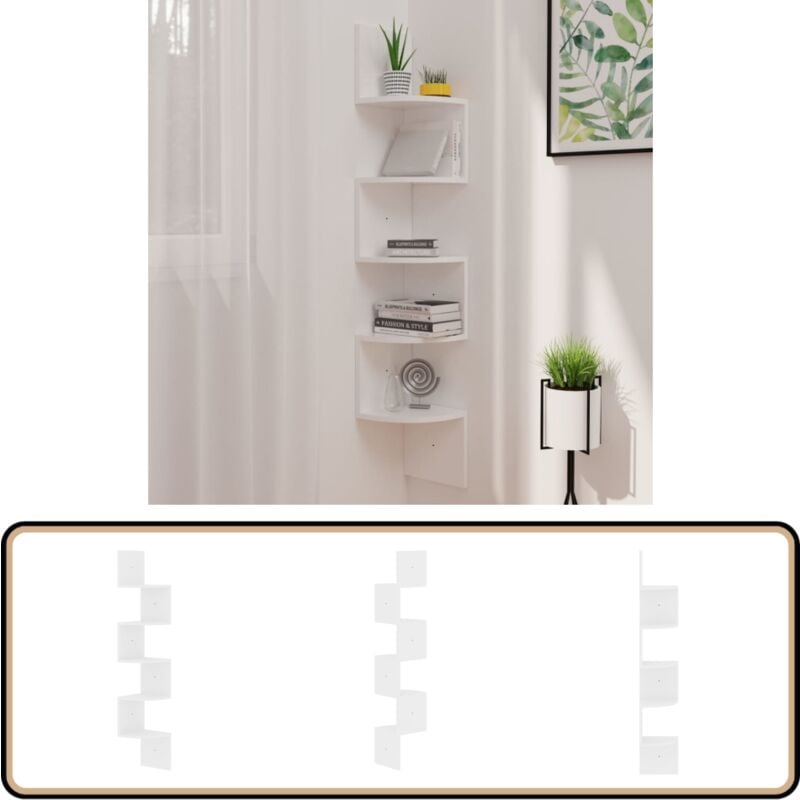 Tagère d'angle murale blanc brillant 19x19x123 cm - Etagere Murale - Étagère D'angle - Rangement Mural - Décoration Murale - Meuble D'angle