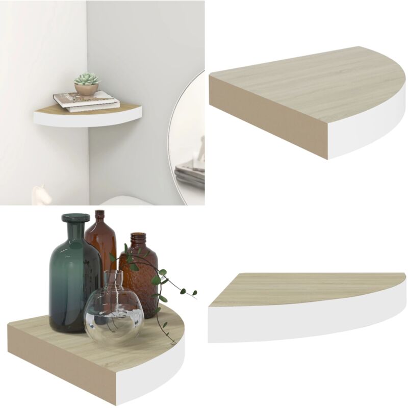 Tagère d'angle murale Chêne et blanc 25x25x3,8 cm mdf - Étagère Murale - Étagère D'angle - Rangement Mural - Décoration Murale - Meuble Déco - Home &