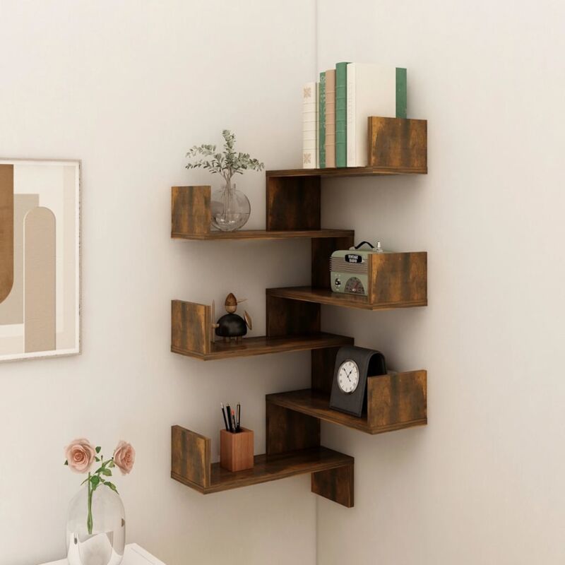 Vidaxl – Étagères d'angle murales 2 pcs chêne fumé 40x40x50 cm – Bois d'ingénierie résistant à l'humidité – Charge max 40 kg – Fixation murale