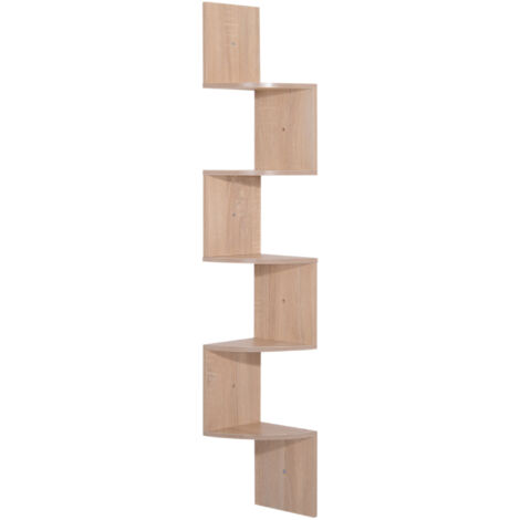 Étagère d'angle Murale de Rangement Forme Zigzag 20L x 20l x 126H cm 5 Niveaux Bois chêne Clair