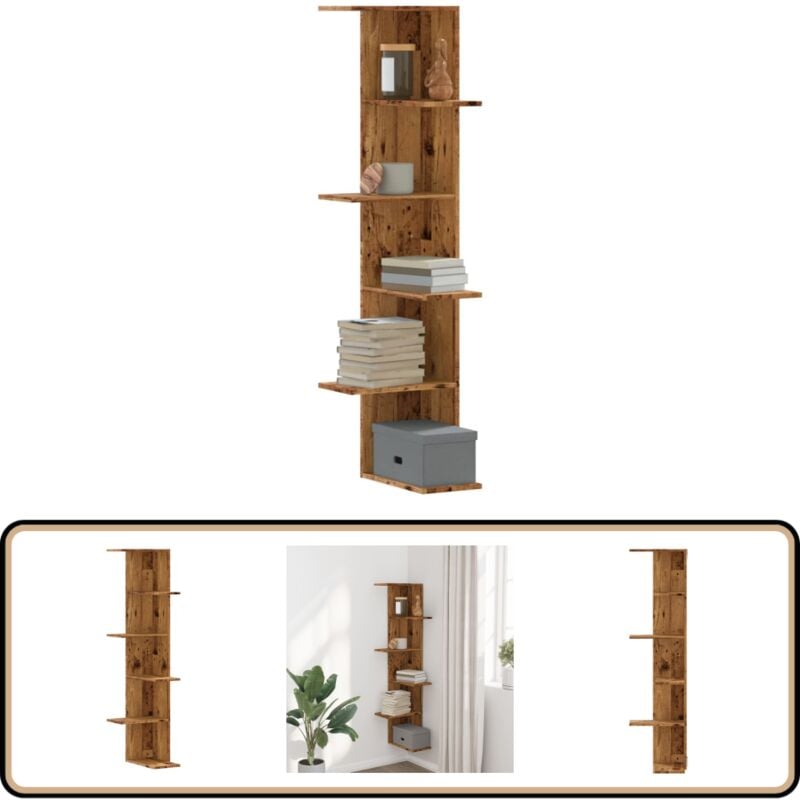 Tagère d'angle murale vieux bois bois d'ingénierie - Étagère Murale - Étagère D'angle - Meuble Mural - Rangement Mural - Décoration Murale