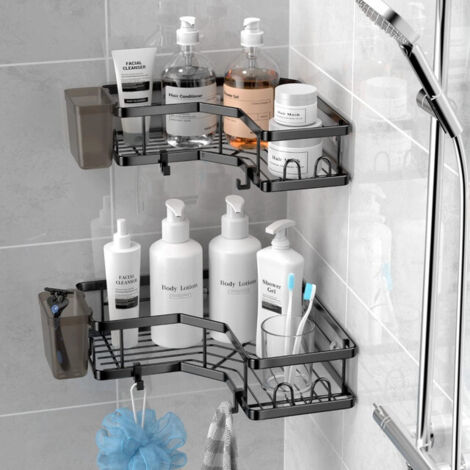 Étagère d'angle pour salle de bain, sans perçage, fixation murale – Noire –