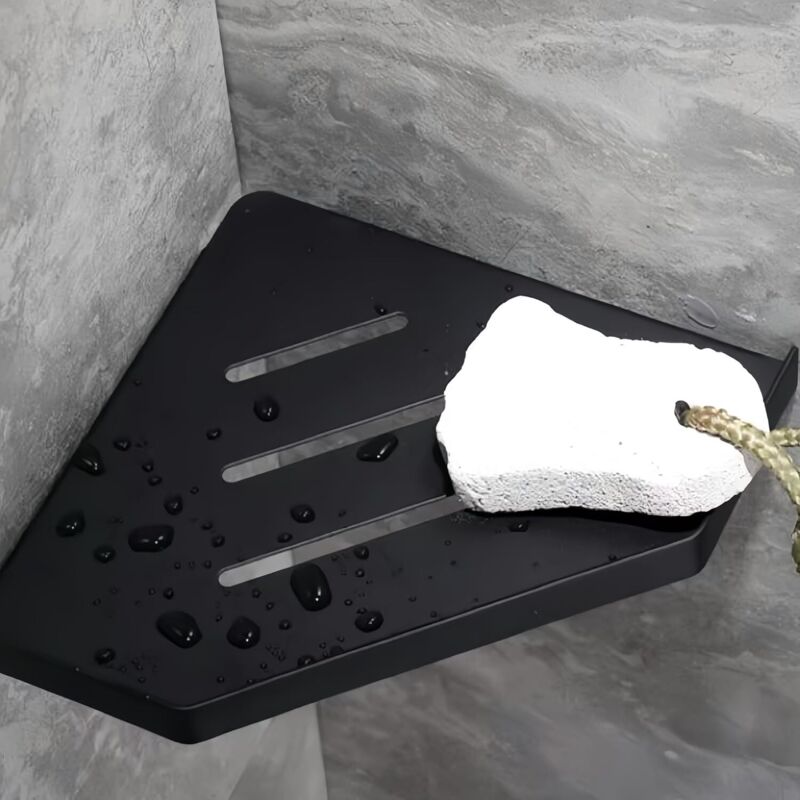 Étagère d'angle triangulaire murale en acier inoxydable 304 pour salle de bain/toilettes, avec porte-savon, couleur noire