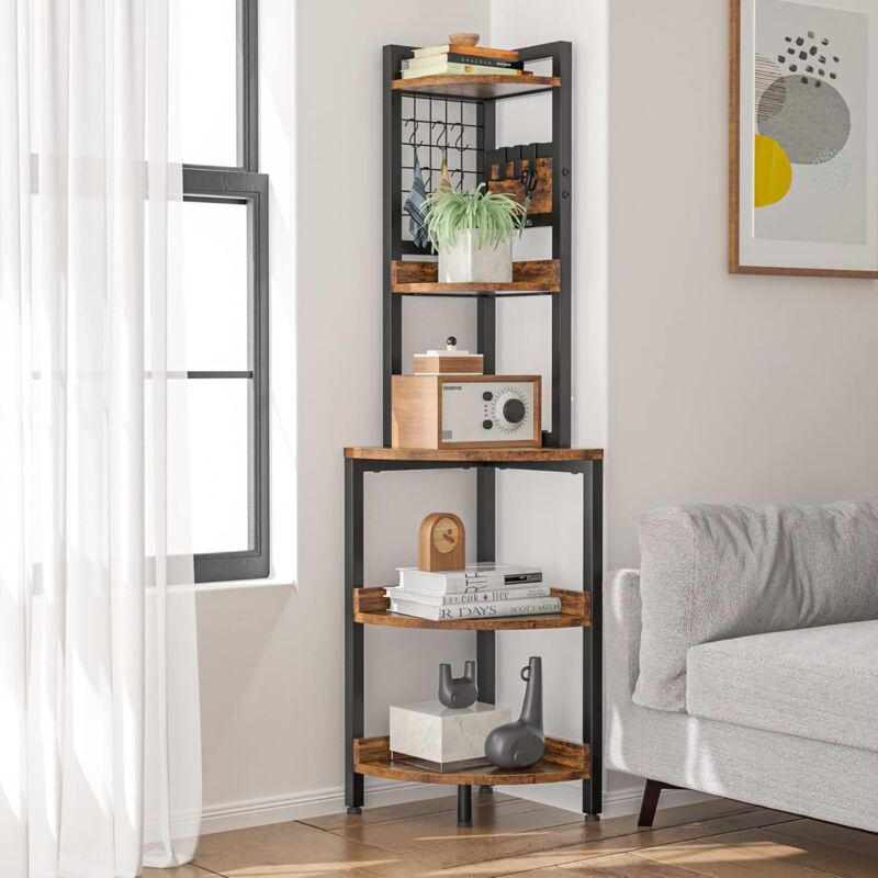 Neche - tagère d'Angle Vintage à 5 niveaux,Étagère de rangement Étagère bibliothèque support de plante unité d'organisation,Marron+Noir,Design