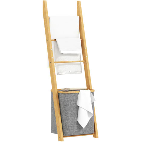 Étagère de bambou pour serviettes debout avec 3 barres Panier à linge amovible 48 L gris
