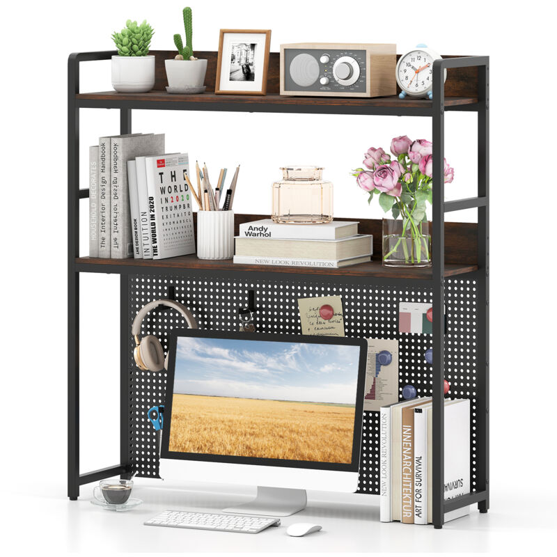 Costway – Étagère de bureau 2 niveaux – Panneau perforé pour rangement personnalisé – Support moniteur jusqu'à 32' – Cadre métal robuste – Dimensions