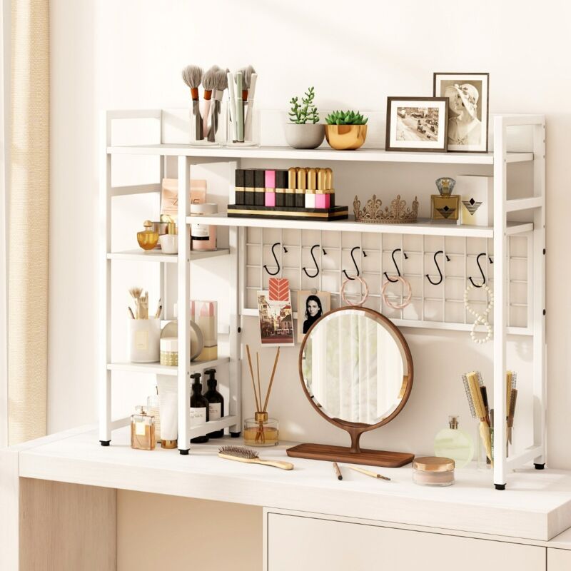 Étagère de Bureau à 4 Niveaux avec Panneau à Grille Métallique et 6 Crochets Organisateur pour Moniteurs d'Ordinateur jusqu'à 32" Blanc
