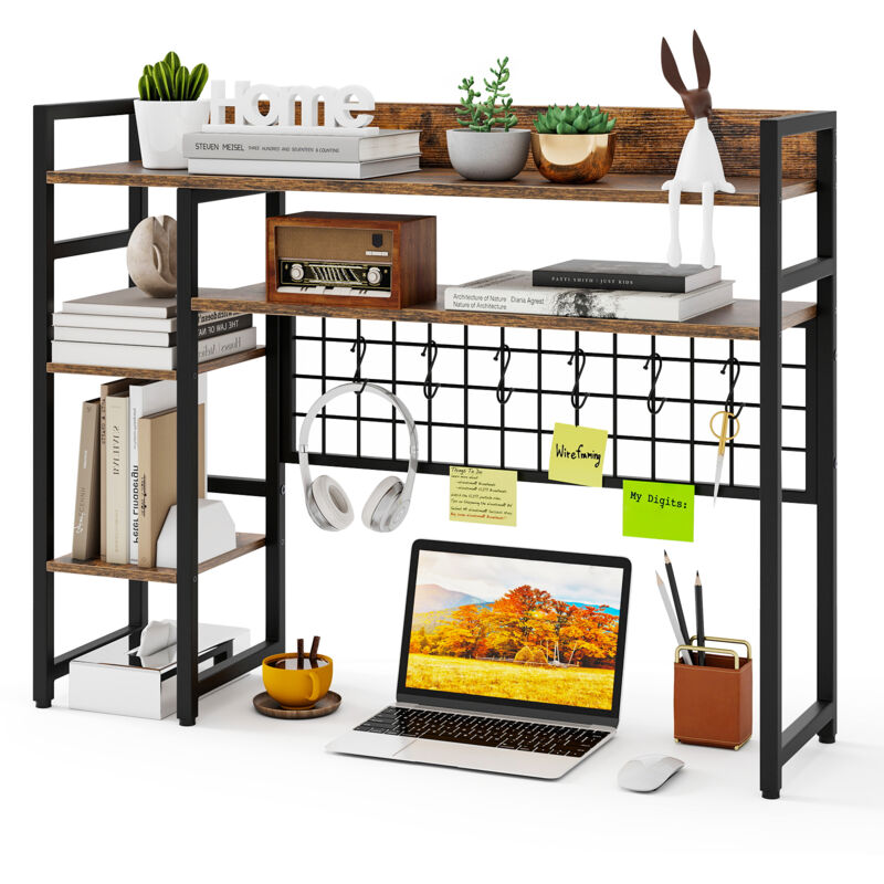 Costway – Étagère de bureau 4 niveaux – Panneau grille métallique avec 6 crochets – Dimensions 94 x 25 x 74 cm – Capacité 20 kg – Bois d'ingénierie