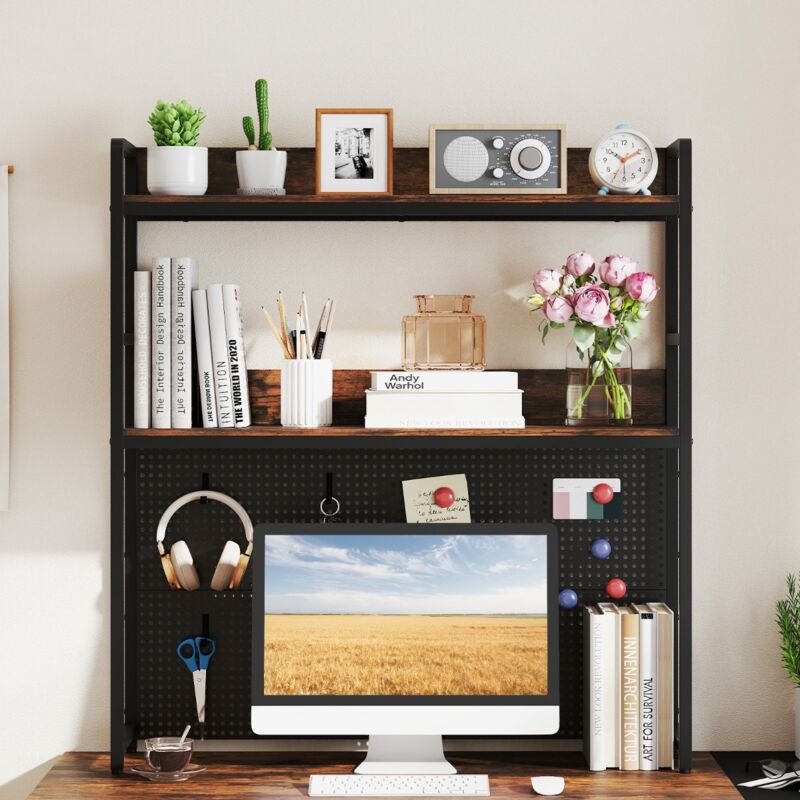 Étagère de Bureau Console de Bureau à 2 Niveaux Polyvalente avec Panneau Perforé Organisateur de Rangement Industriel Brun Rustique