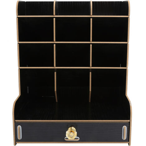 Étagère de bureau en bois avec rangement stylos et boîte à fournitures multifonction pour bureau domestique (Noir)