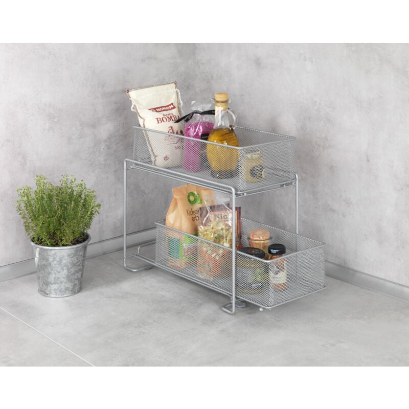 Tiroir coulissant 2 paniers pour organisation des placards de cuisine Wenko Fixation par ventouse ou vis, Métal thermolaqué, 35x33,5x18,5cm, Argent