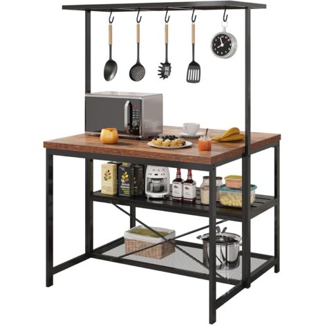 Étagère de Cuisine, 3 Étagères et 5 Crochets, pour Four à Micro-ondes, Cadre en Acier, Style Industriel,106x71x182cm, Marron