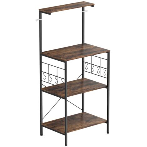 Etagère-de-cuisine-4-niveaux-8-crochets-plan-de-travail-tubes-en-métal-design-brun-noir-60x42x134.5(cm)