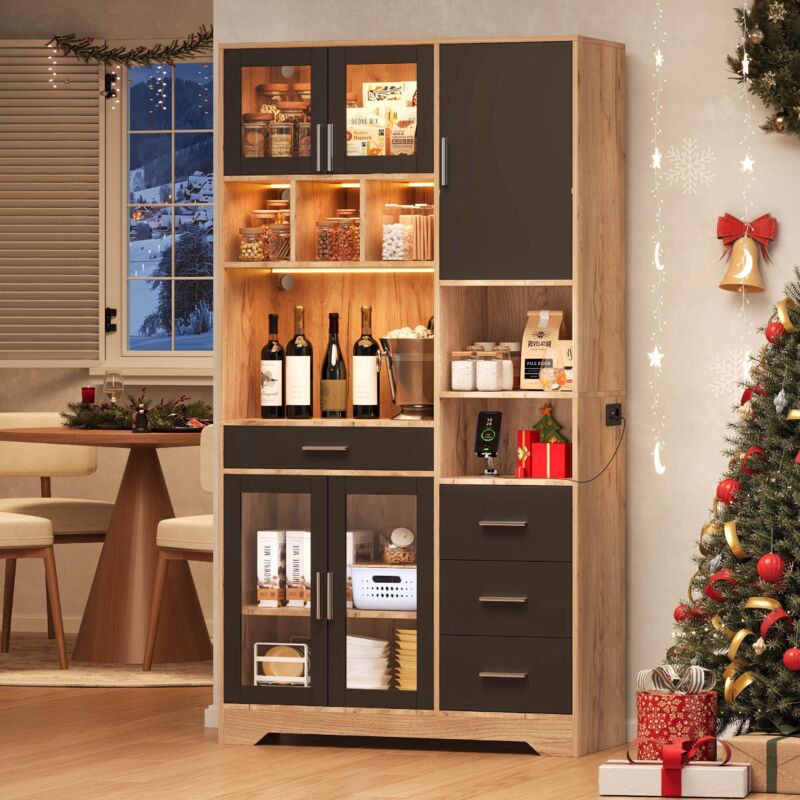 Étagère de cuisine, armoire haute vintage style ferme, meuble de rangement, vitrine, étagères réglables, éclairage LED à couleurs changeantes et