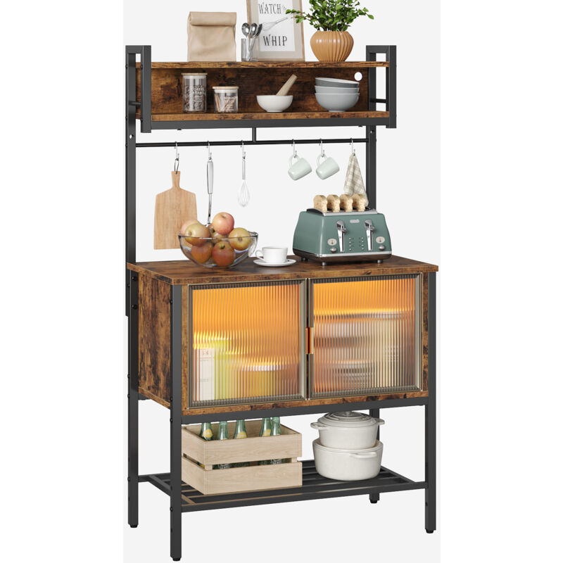 Bestier - tagère de cuisine avec 6 tablettes, éclairage led, Tablettes réglables, table de bar à café de cuisine avec 6 crochets, étagères robustes,