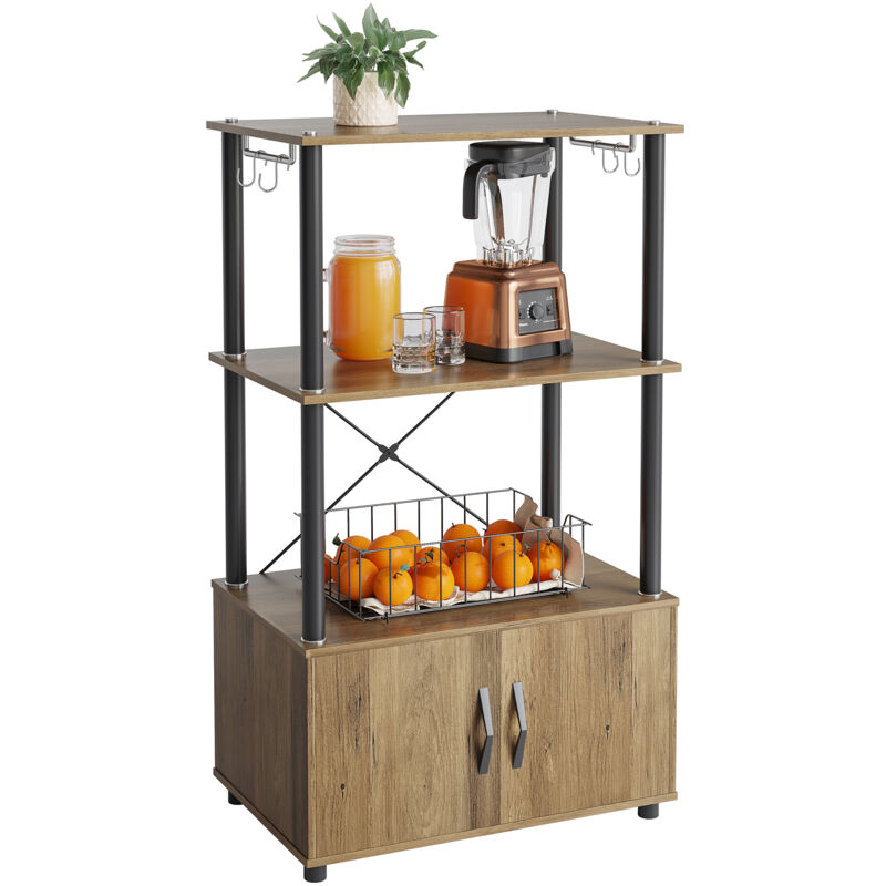 Bestier - tagère de cuisine avec armoire, 60 x 40 x 107,5 cm, Étagère de boulanger à 3 niveaux avec 2 étagères ouvertes et 4 crochets, bibliothèque