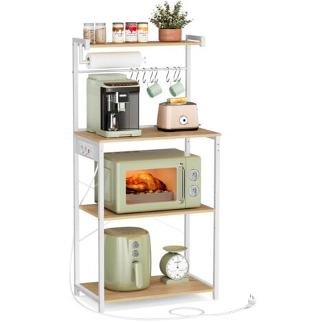 VASAGLE Étagère de Cuisine avec Multiprise, Bar à Café sur 4 Niveaux avec Étagère Réglable, Support pour Micro-ondes, Porte Essuie-tout, 40 x 60 x 140 cm, Doré Chêne et Blanc Nuage