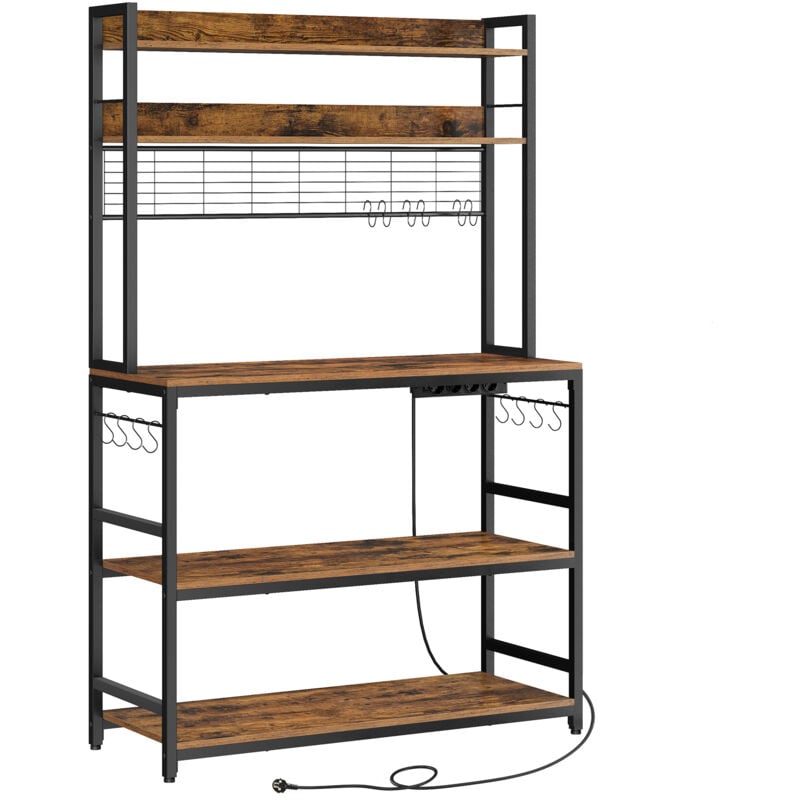 Vasagle - tagère de Cuisine avec Multiprise, Support pour Micro-Ondes, Étagère de Rangement, avec Panneau Grillagé, 14 Crochets, 40 x 100 x 170 cm,