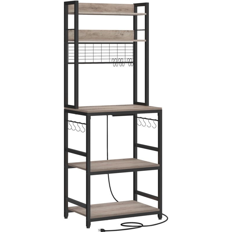 Tagère de Cuisine avec Multiprise, Support pour Micro-ondes, Étagère de Rangement, avec Panneau Grillagé, 14 Crochets, 40 x 60 x 170 cm, Grège