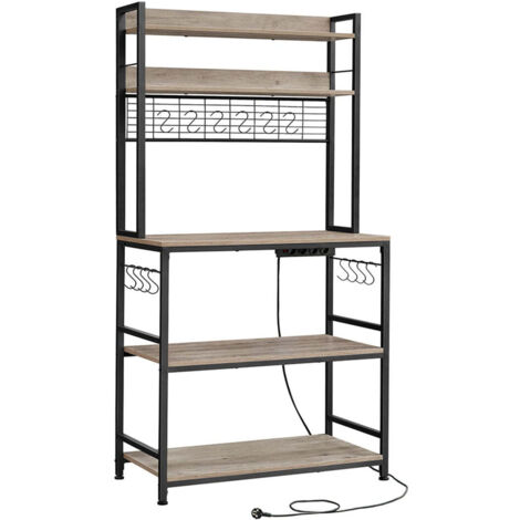 Étagère de cuisine avec multiprise support pour micro-ondes étagère de rangement avec panneau grillagé 14 crochets 40 x 80 x 170 cm gris