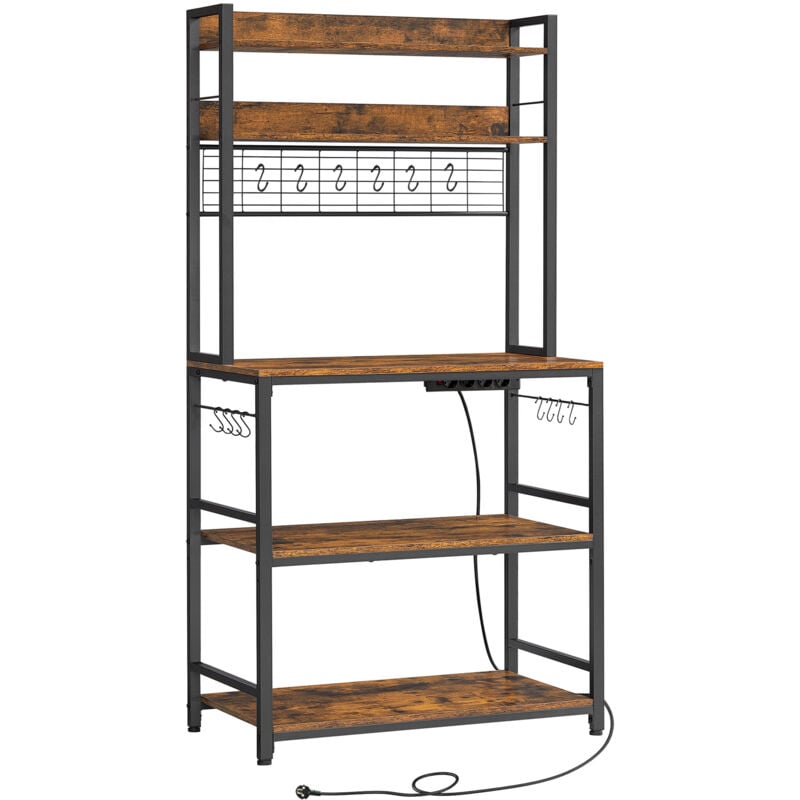 Tagère de Cuisine avec Multiprise, Support pour Micro-Ondes, Étagère de Rangement, avec Panneau Grillagé, 14 Crochets, 40 x 80 x 170 cm, Marron