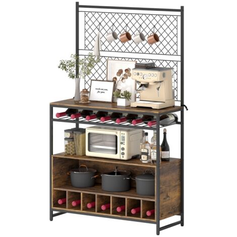 Étagère de cuisine avec plan de travail, panneaux en treillis métallique, 5 crochets, armoire de cuisine pour épices, casseroles et poêles, marron