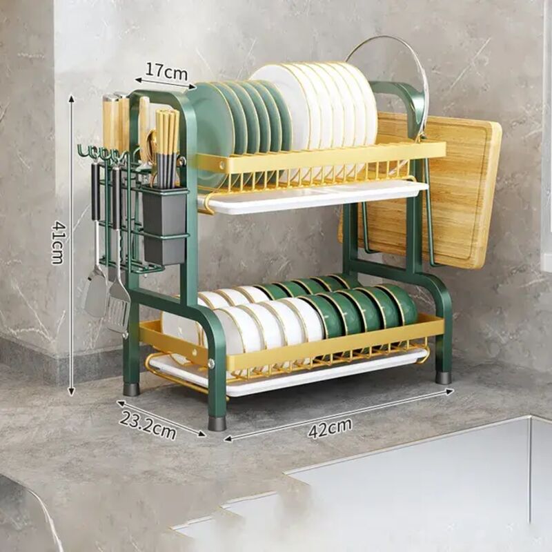 étagère de cuisine, égouttoir pour assiettes et bols, avec plateau d'égouttage, double niveau, couleur verte