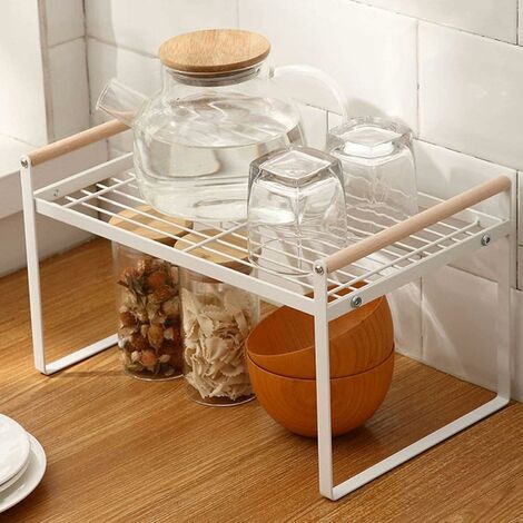 Étagère de cuisine empilable en métal et bois - Convient pour la maison et la cuisine - 33 x 21 x 19.5 cm - Blanc