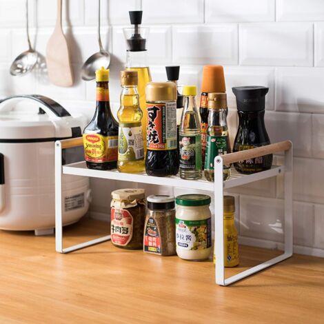Étagère de cuisine, étagère à épices, en fer et poignée en bois, convient pour le rangement de la maison et de la cuisine, blanc (35 x 21 x 20)