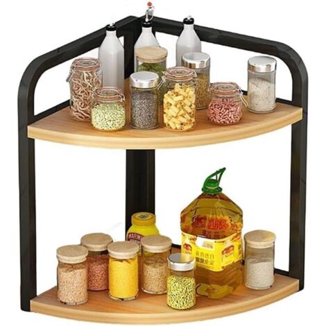 Étagère de cuisine, étagère à épices, étagère à épices, fer, organisateur de bureau (2 niveaux) en bois et fer, noir, 2 niveaux