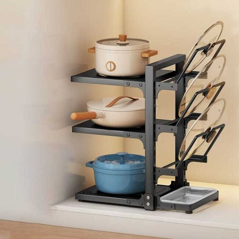 Étagère de cuisine, étagère multi-niveaux pour casseroles, boîte de rangement pour ustensiles de cuisine à 3 niveaux, noir,3722.643cm