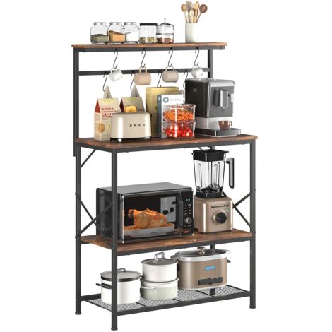 Étagère de Cuisine, Etagere Rangement, Meuble Cuisine, Etagere, Rangement Cuisine, 3 Étagères et 8 Crochets, pour Four à Micro-Ondes, Réglables, Cadre en métal, 80x40x126cm, Marron Rustique