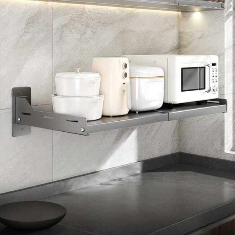 Étagère de Cuisine Extensible pour Micro-Ondes, Support Mural pour Four, Installation Sans Perçage, 36.5-60×34×15.7cm, Gris