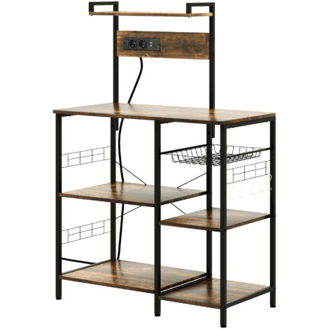 Étagère de cuisine multiprise pour micro-ondes avec étagères et panier en filet, 90x42x130cm, marron