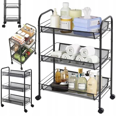 Étagère de cuisine/salle de bain sur roulettes, étagère métallique à 3 niveaux, noire