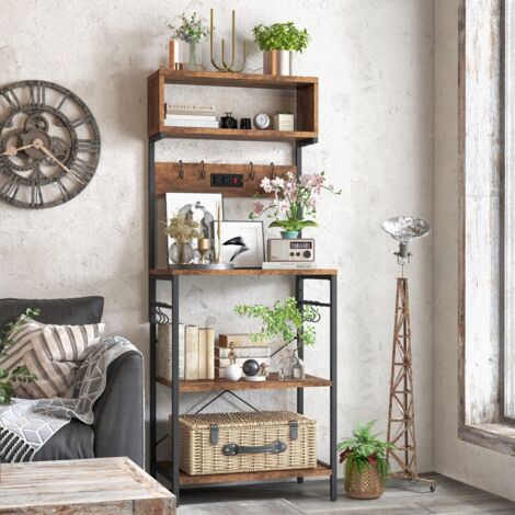 Étagère de Cuisine Support pour Micro-ondes de 153 cm Etagères Ouvertes 10 Crochets de Suspension Marron Rustique