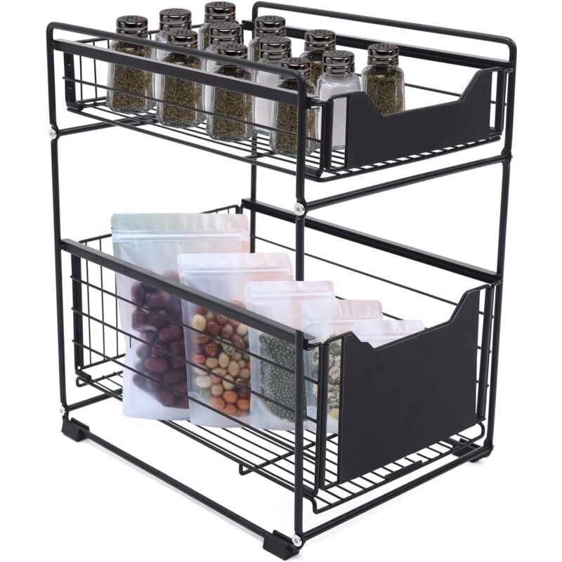 Gojoy - tagère de cuisine télescopique à 2 niveaux - Organisateur d'armoire de cuisine - Système de rangement - Panier en maille extensible - Tiroirs