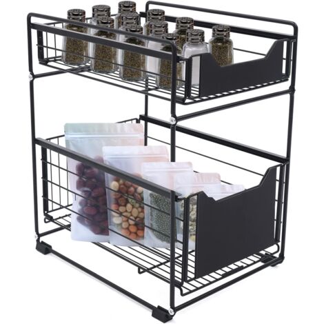 Organisateur Sous évier KOOSREEL 2 étages - Tiroir Coulissant, Panier Rangement Cuisine/salle De Bain, Noir
