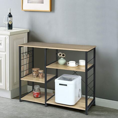 Étagère de Cuisine WOLTU, Étagère de Micro-Ondes en métal et Bois avec 5 Tablettes 90 x 40 x 83, 5 cm, Noir + Chêne Clair
