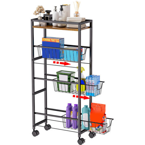 Étagère de Cuisine,panier en fil avec roues, étagère de cuisine, plateau de chariot Multi - couches pour fruits et légumes et tiroirs coulissants,Chariot De Rangement pour Cuisine, Noir