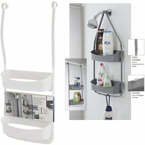 Étagère de douche 2 étagères en plastique 32 cm avec crochets blancs