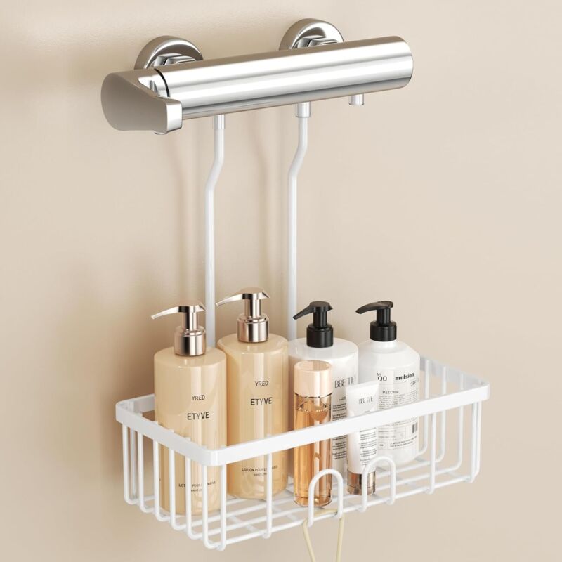 Étagère de douche à suspendre - Blanc - Support pour shampooing - Sans perçage - 30 cm - Panier de douche 13 x 8,5 cm