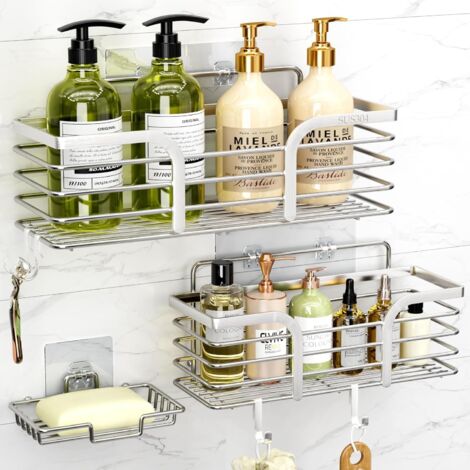 Étagère de douche adhésive avec porte-savon et 4 crochets, antirouille, sans perçage, fixation murale, argentée