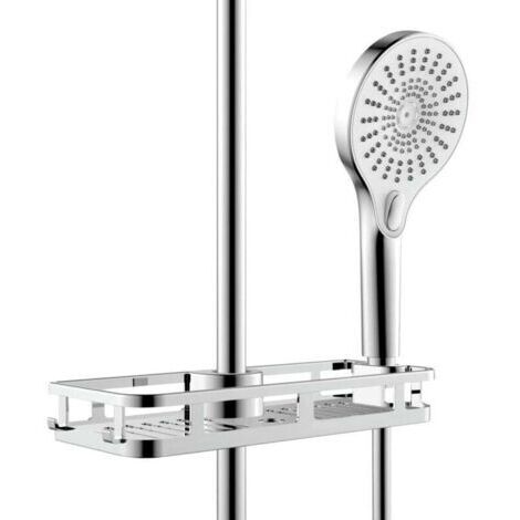 Étagère de douche avec porte-savon chromé, support de savon et crochets, installation sans perçage, en ABS, dimensions : 28,5 x 4 x 11,5 cm