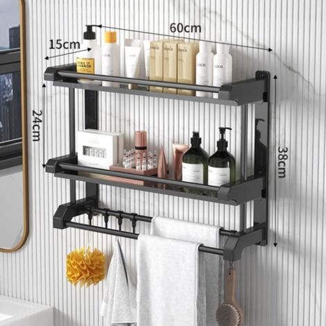 Étagère De Douche Cuisine Sans Perçage Avec Porte-Serviette Pour Éponge Shampooing Salle De Bain Panier Organisateur-60CM