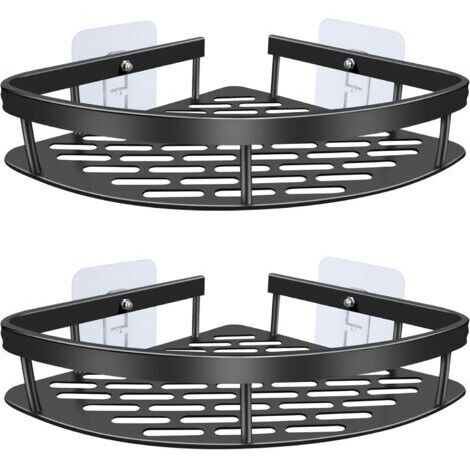 Étagère de douche d'angle, 2 étagères de douche en acier inoxydable sans perçage, étagère de douche d'angle avec 4 crochets pour ranger shampoing et gel douche (noir)